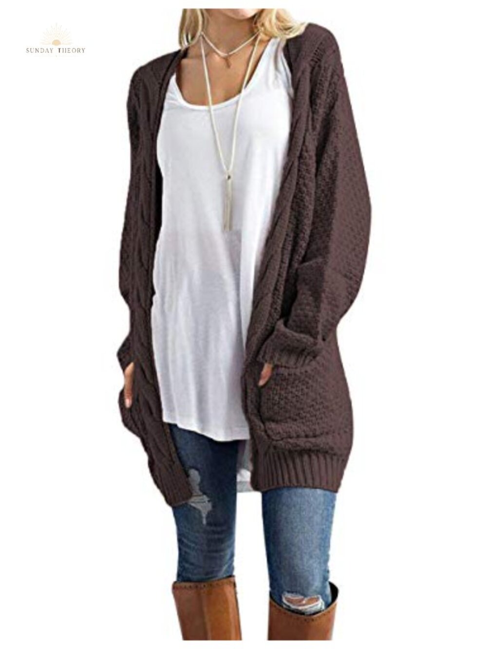 Women's Long Open Front Cardigan Lightweight Knit Sweater with Pockets